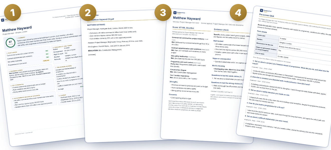 One combined document: cover sheet, CV, score and evidence check, pre-screen questions and answers
