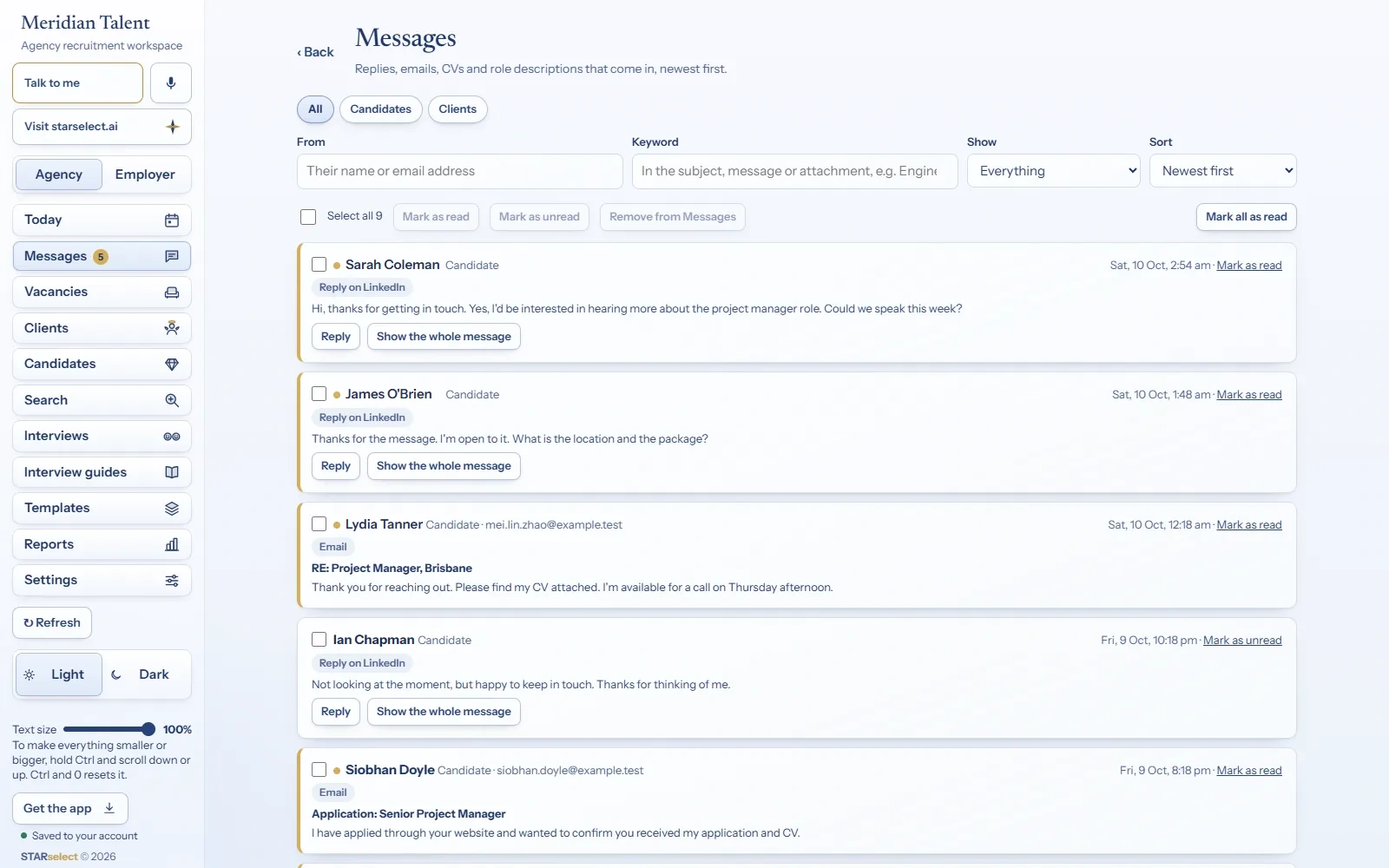 Messages: LinkedIn and email conversations together, newest first