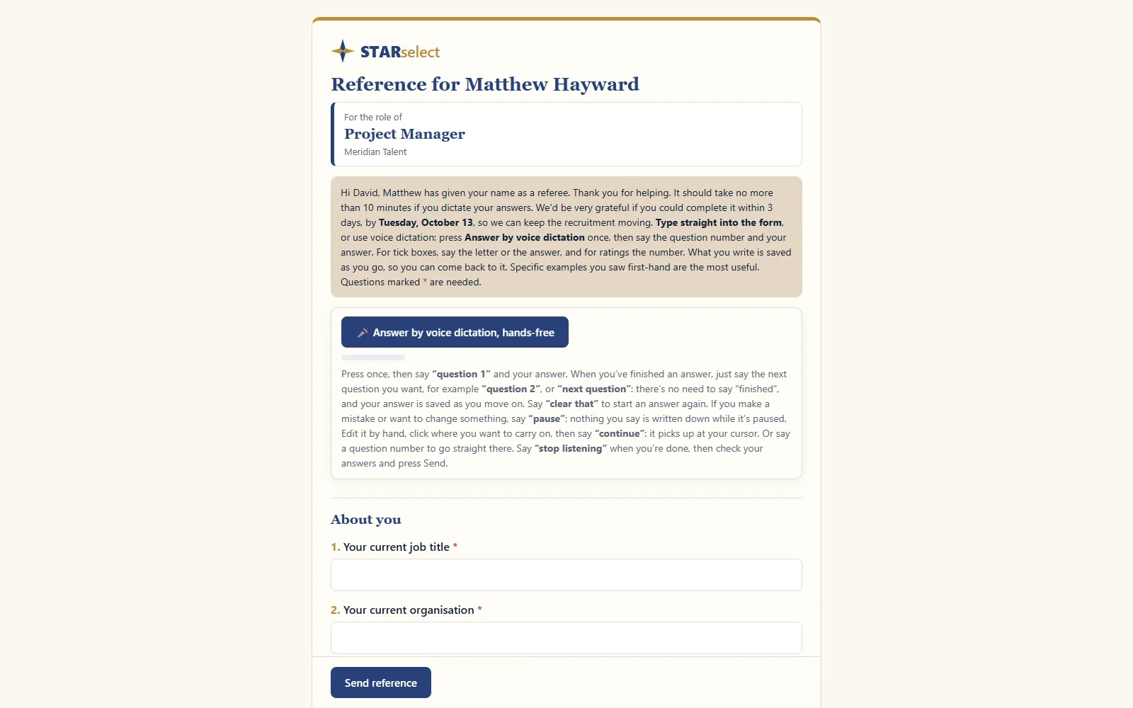 The form a referee sees, with typed or dictated answers