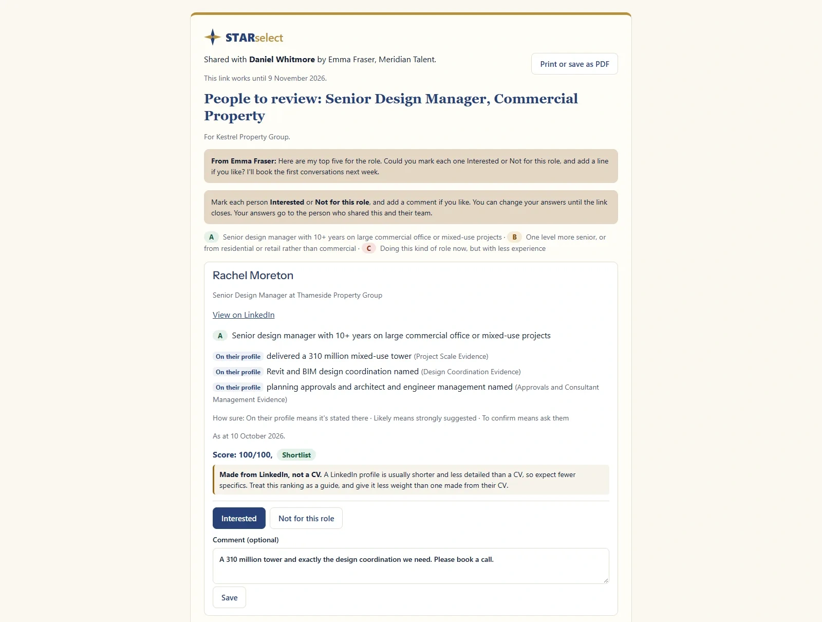 What the hiring manager sees: Interested or Not, with a comment, and no sign-in