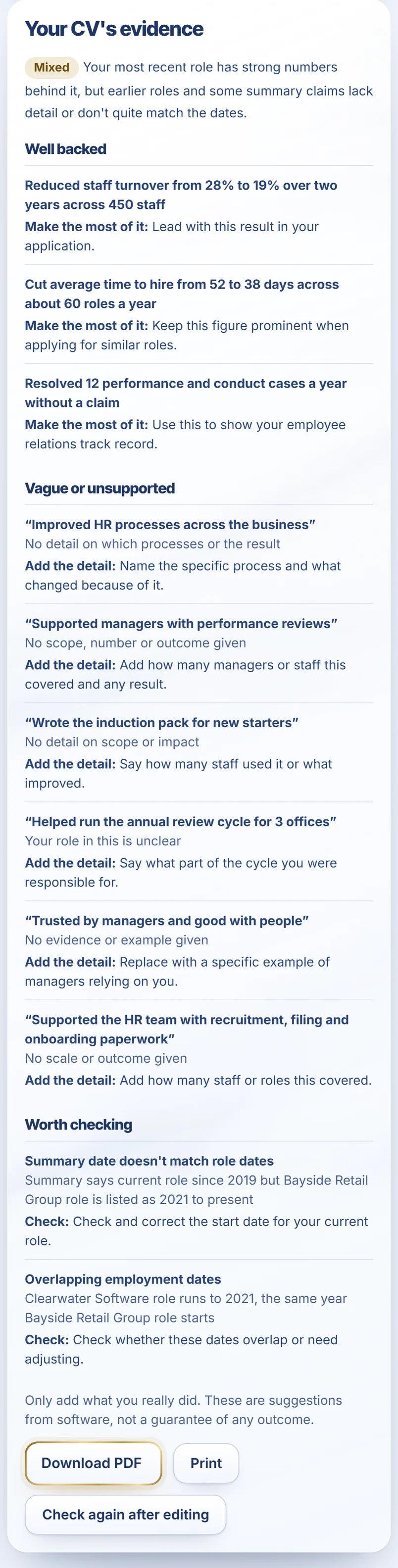 STARselect Check: the evidence check and prompts to strengthen the CV