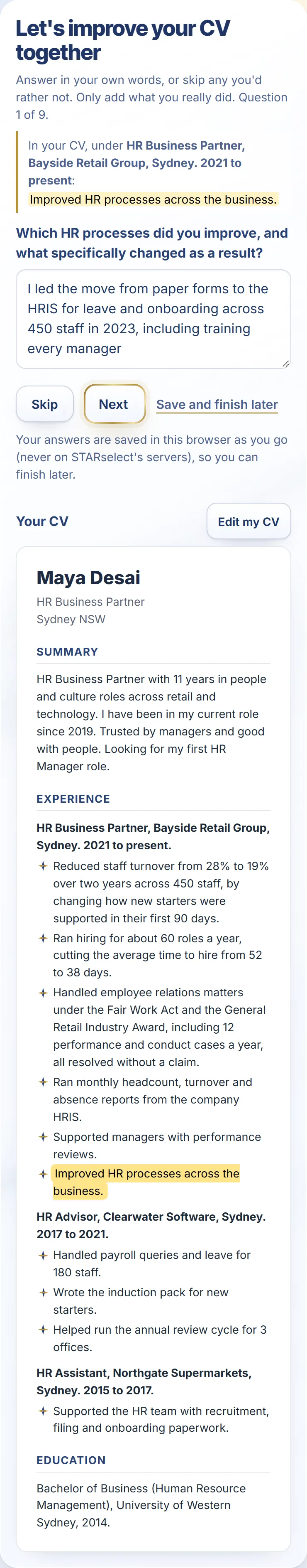 STARselect Check guiding Maya Desai: a question about one line of her CV, with that line highlighted in her CV beside it