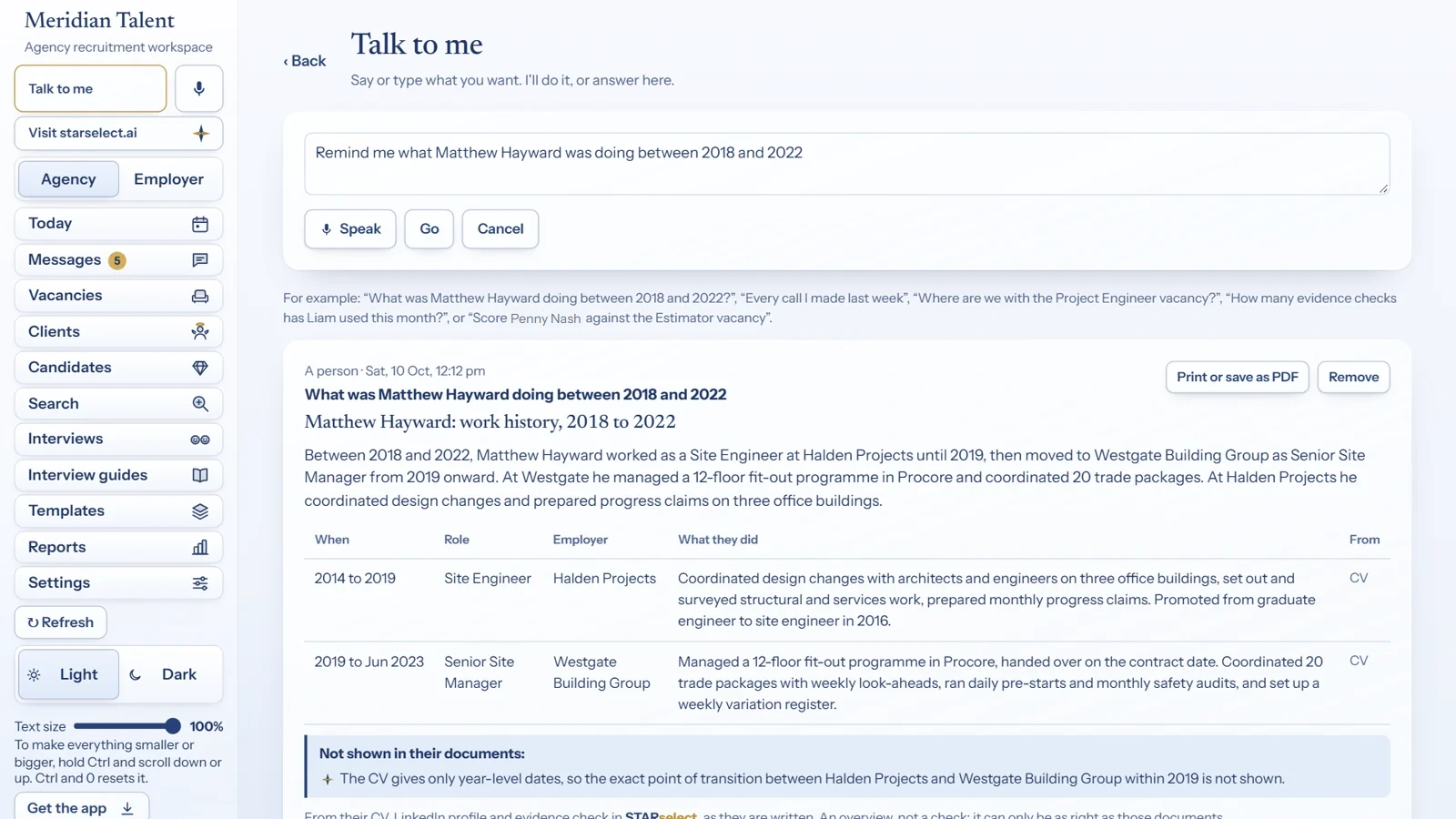 Talk to STARselect: the question typed in the box, and the answer