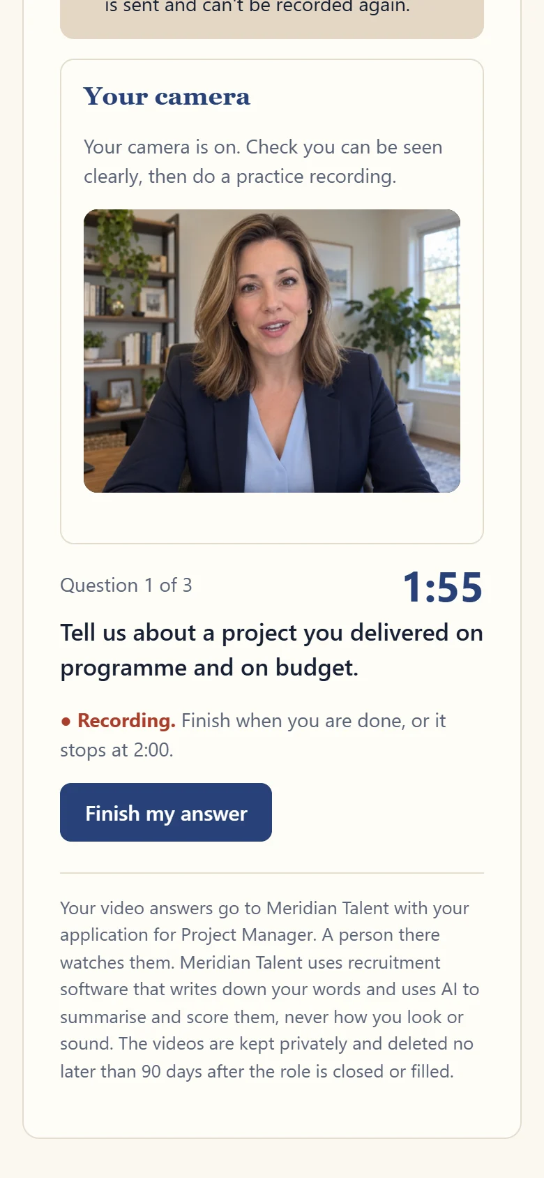 What the candidate sees on a phone: their camera, the question and the time left
