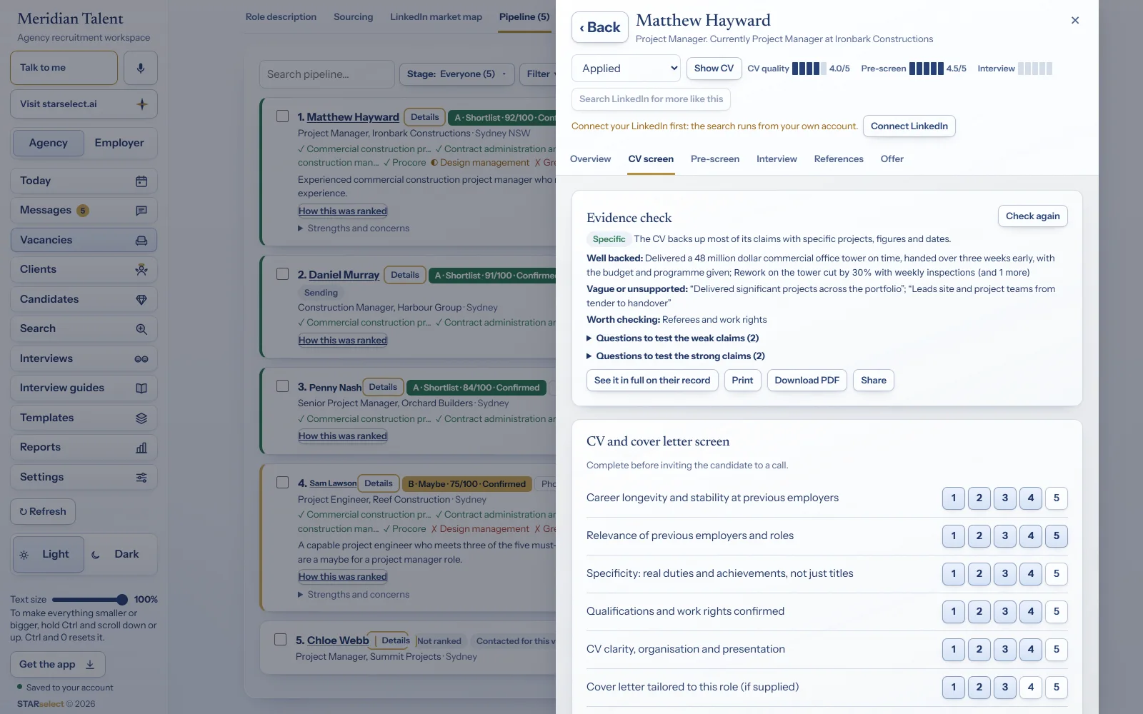 A candidate’s record in STARselect with the evidence check: well backed, vague or unsupported, worth checking, and questions to test the claims