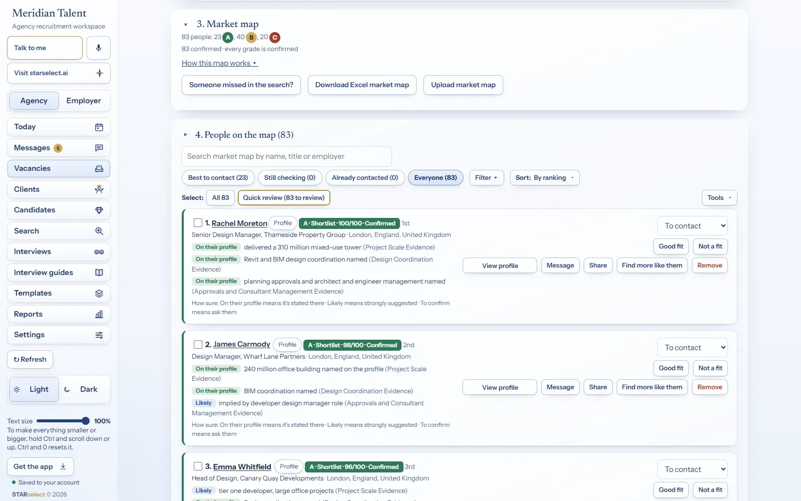 A finished market map in STARselect: every person graded A, B or C with the evidence, best first